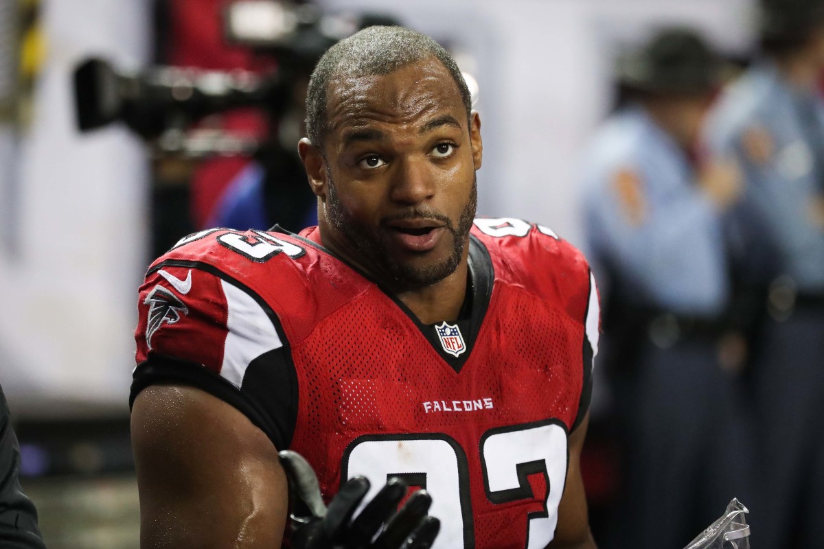 Jan 22, 2017; Atlanta, GA, USA; Atlanta Falcons defensive end Dwight Freeney (93) looks on during the third quarter against the Green Bay Packers in the 2017 NFC Championship Game at the Georgia Dome. 